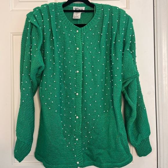 Vintage 80s Hand Knit Green Pearl Embellished Elegant Twinset S/M - Picture 4 of 16